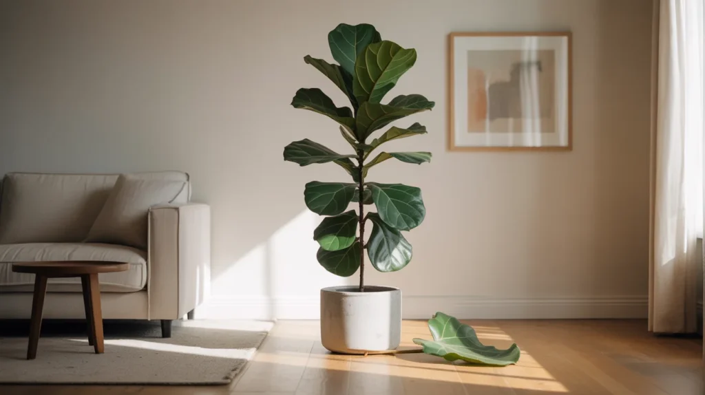 Yellow Velvet Sofa Styling Guide for Modern Homes 11 Tall fiddle leaf fig in a neutral pot