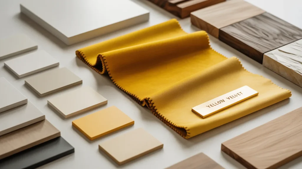 Yellow Velvet Sofa Styling Guide for Modern Homes 2 interior design moodboard yellow velvet neutral wood samples