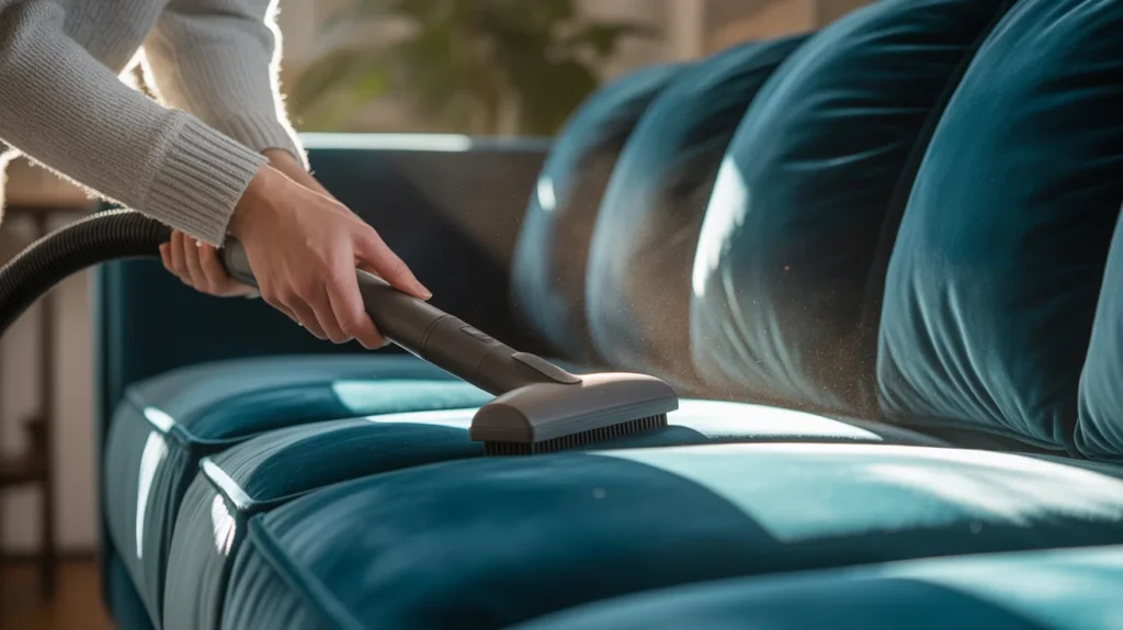 Yellow Velvet Sofa Styling Guide for Modern Homes 14 vacuuming velvet upholstery using brush attachment