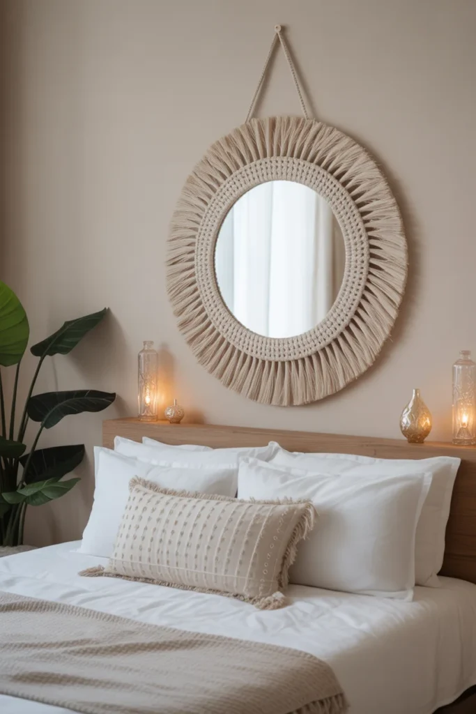 11 Stylish DIY Mirror Decor Ideas to Transform Any Room 3 A bohemian style round mirror with a handmade