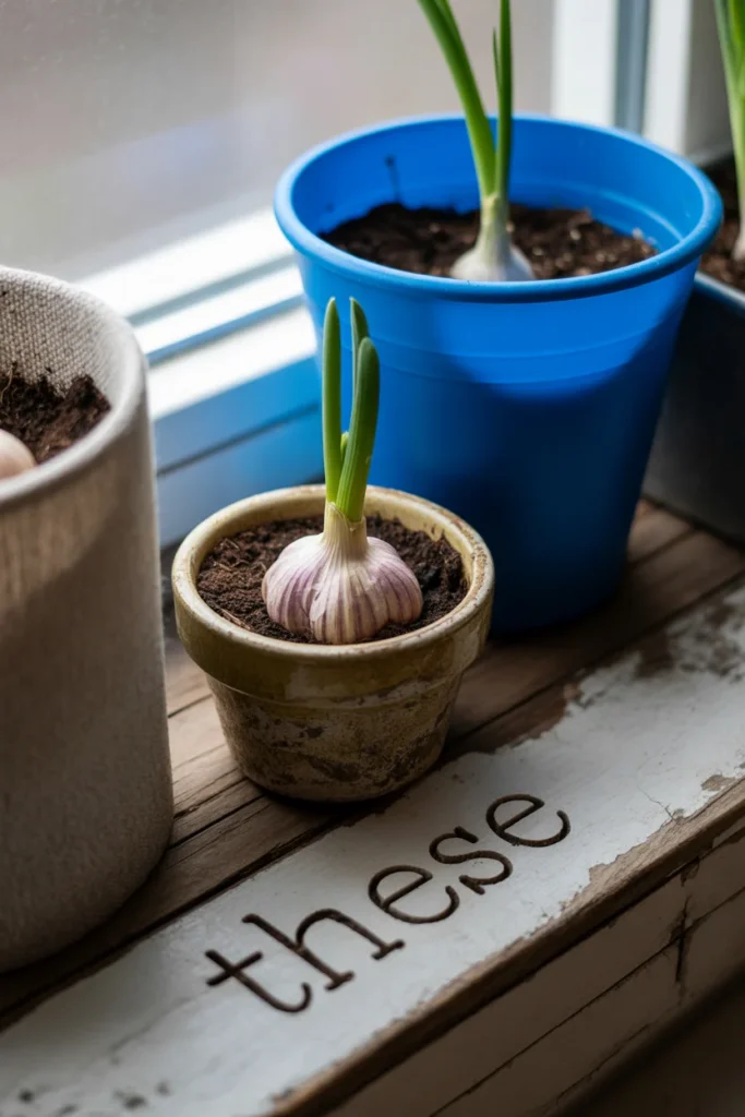 Grow Garlic in Containers: Easy Step-by-Step Guide 2 A close up of garlic planted in different pots
