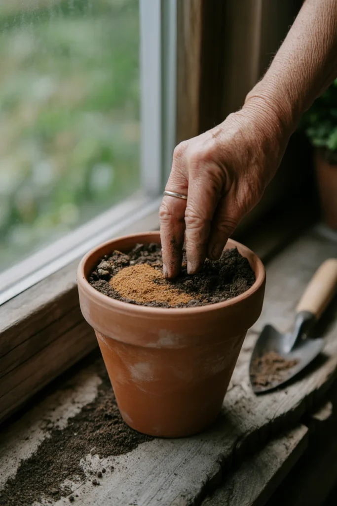 Grow Garlic in Containers: Easy Step-by-Step Guide 4 A hand mixing soil compost and sand in a pot