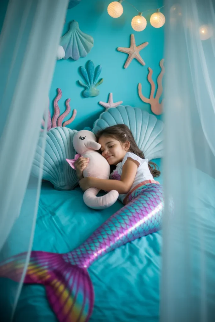 31 Creative Kids Bedroom Ideas to Inspire Your Child’s Dream Space 28 A mermaid themed kids bedroom with turquoise walls