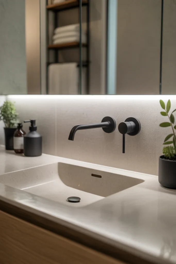 A modern bathroom with a wall mounted faucet above a sleek
