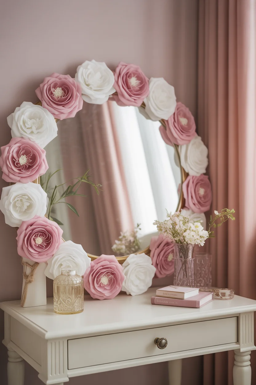 A round vanity mirror decorated with pink and white silk flowers