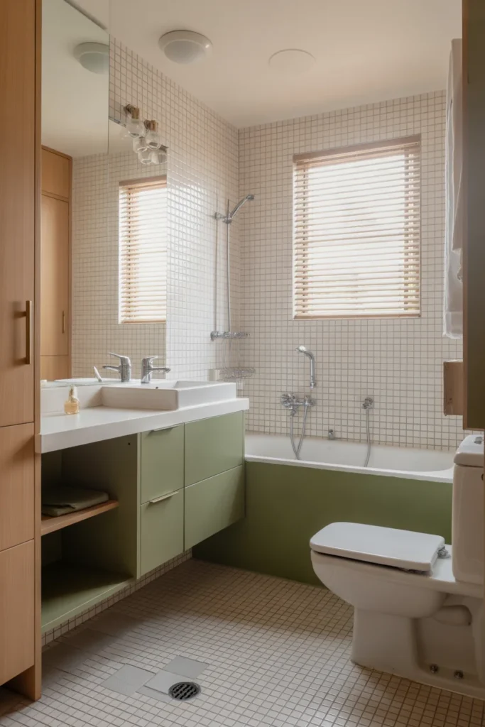 A small bathroom with a compact vanity and a narrow