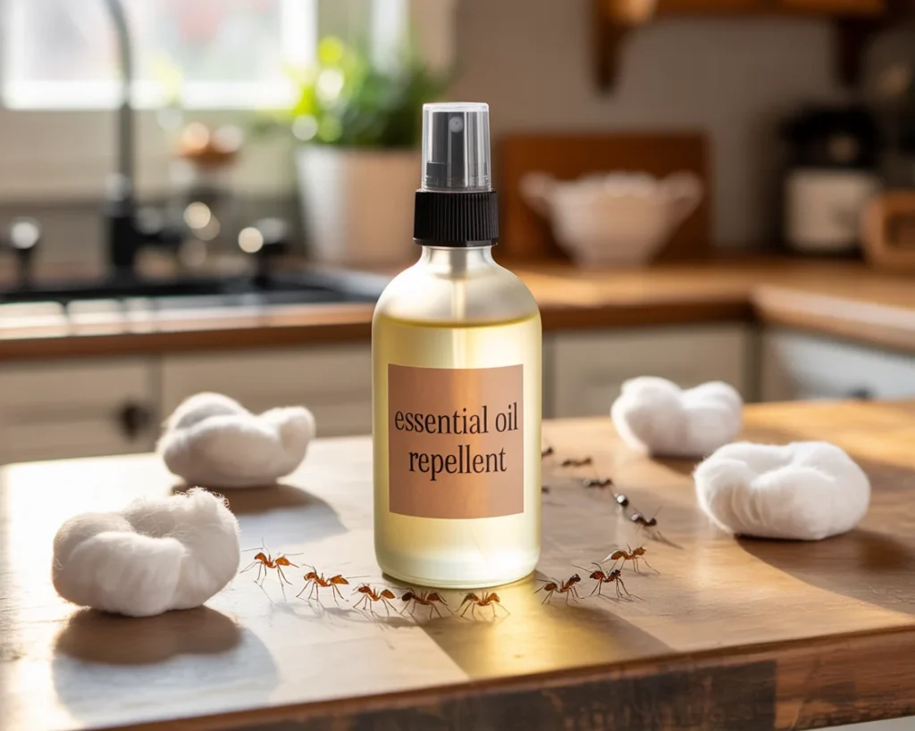 7 Proven Ways to Get Rid of Kitchen Ants Fast – Say Goodbye to Ants Today 5 A spray bottle filled with a mixture of essential oils
