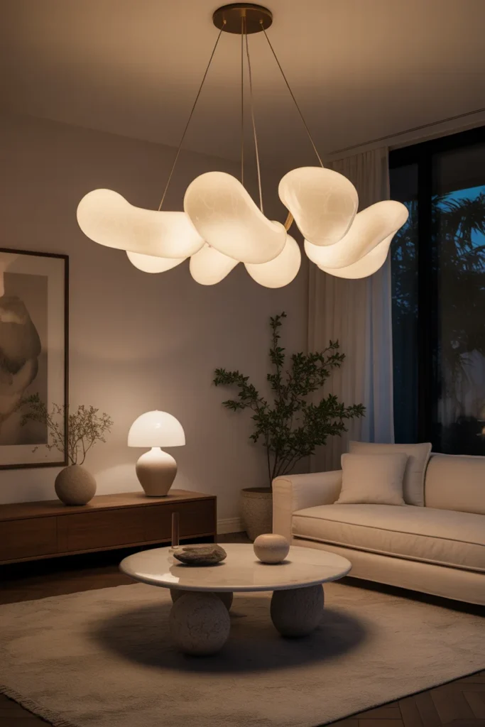 30+ Gorgeous Living Room Ceiling Lighting Ideas for Modern & Classic Homes 26 A tranquil living room featuring a chandelier
