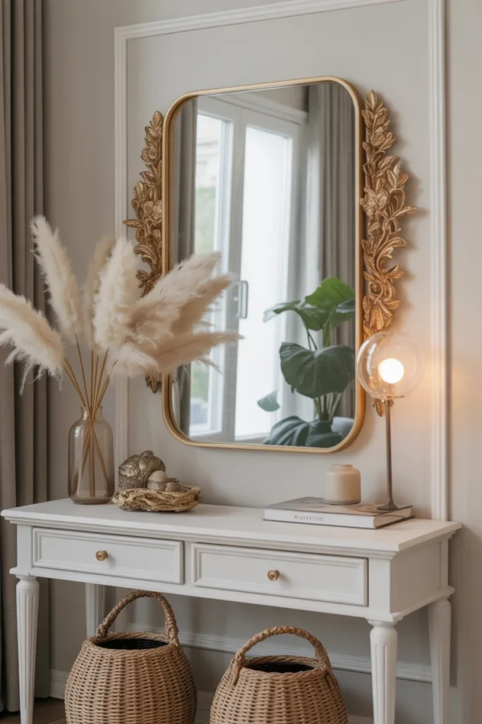 11 Stylish DIY Mirror Decor Ideas to Transform Any Room 4 An elegant rectangular mirror with gold leaf accents