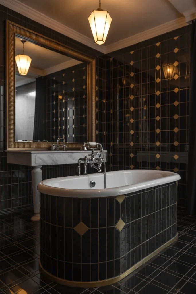 30 Modern & Classy Bathroom Decor Ideas for a Stylish Home 15 Art Deco bathroom with geometric black and gold tiles