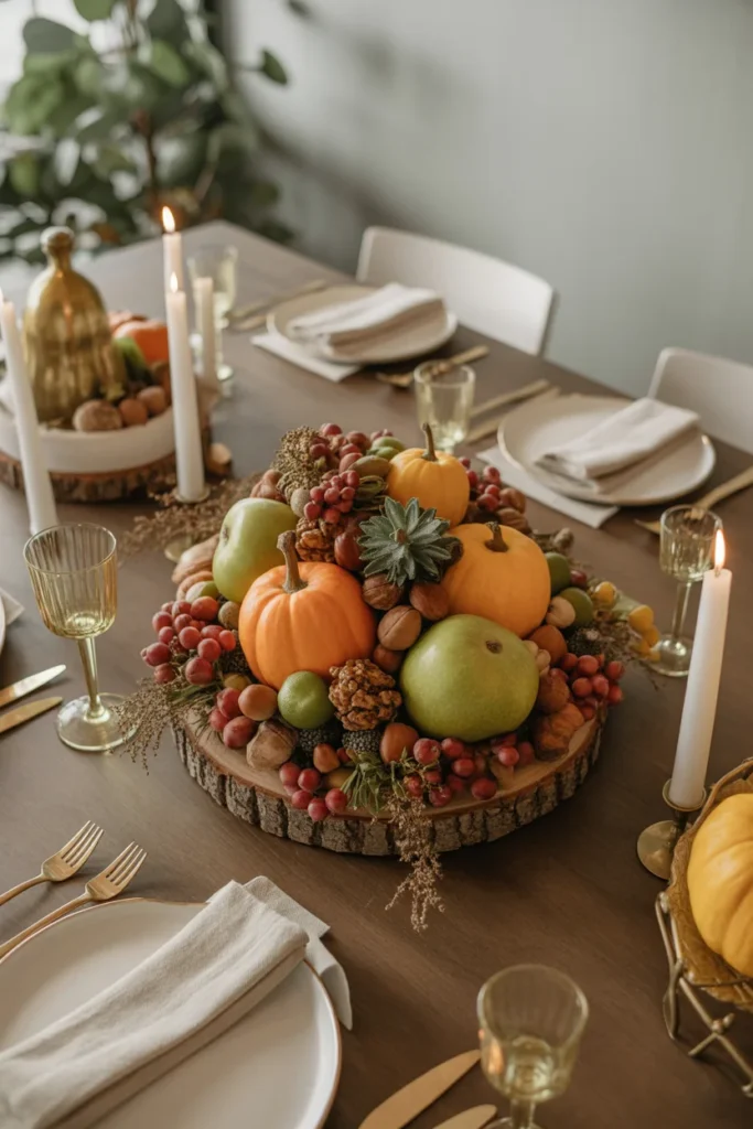 23 Stunning Thanksgiving Centerpieces to Try This Year 9 Autumn harvest edible centerpiece with fruits and nuts