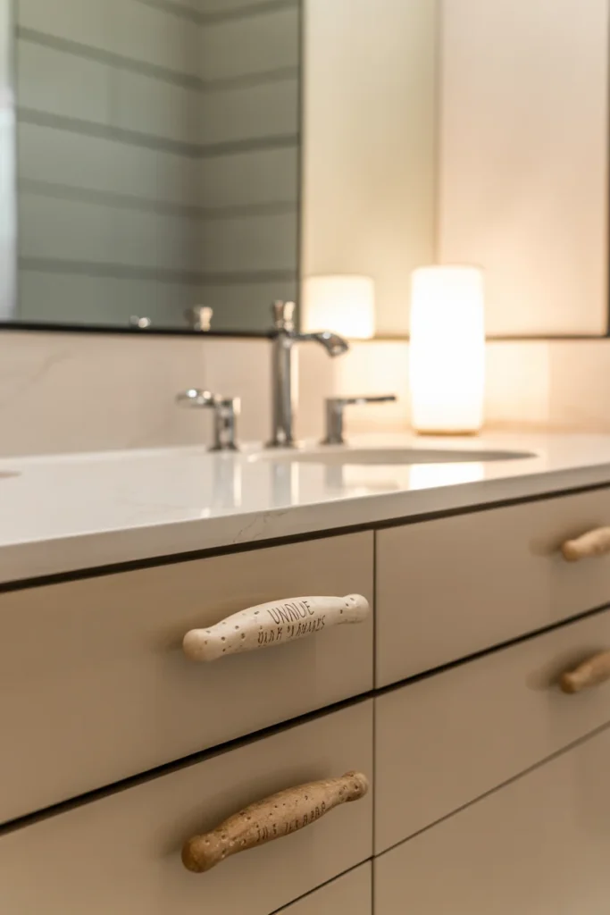 Bathroom vanity with unique ceramic drawer pulls