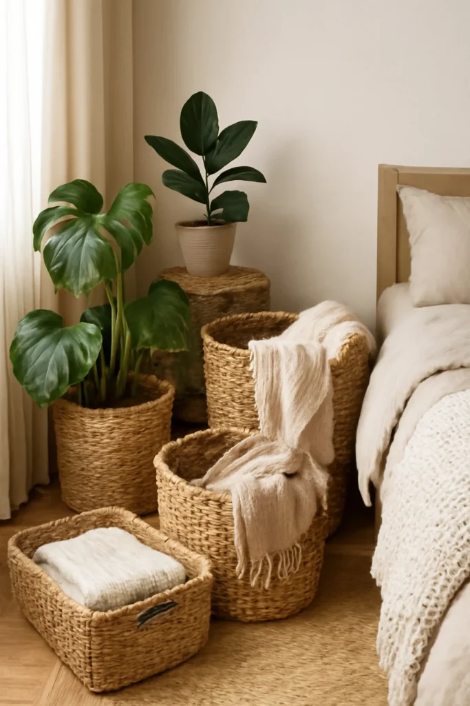 Bedroom corner with woven storage baskets 1