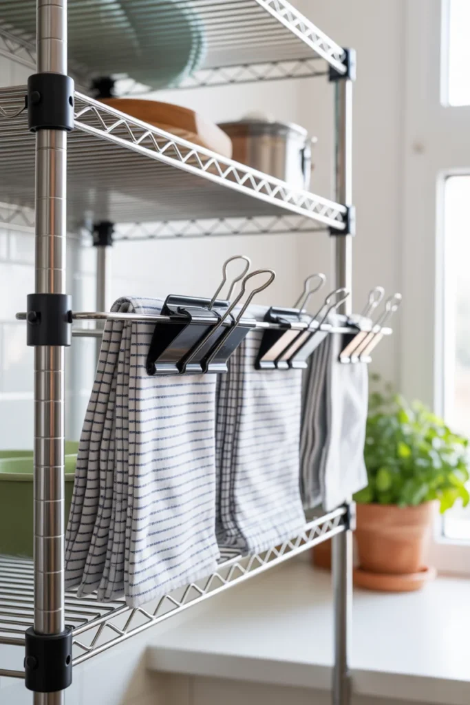 20+ Easy Kitchen Organization Ideas for Limited Space 5 Binder Clips on Shelves
