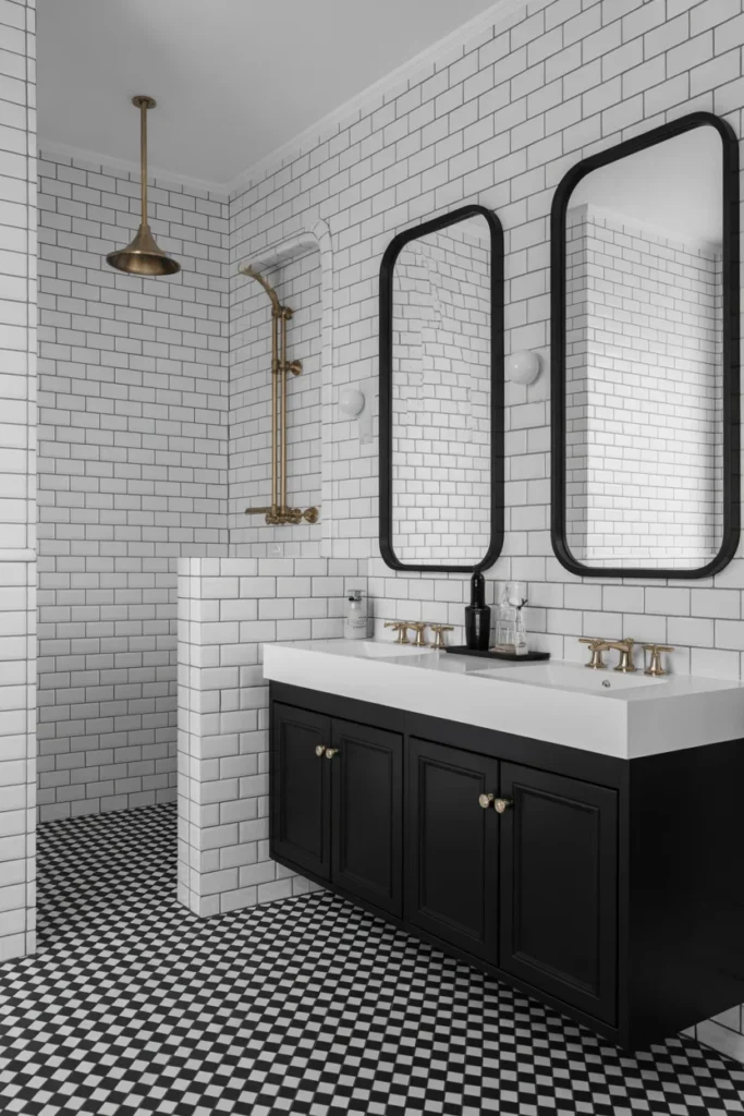 30 Modern & Classy Bathroom Decor Ideas for a Stylish Home 17 Black and white bathroom with subway tiles