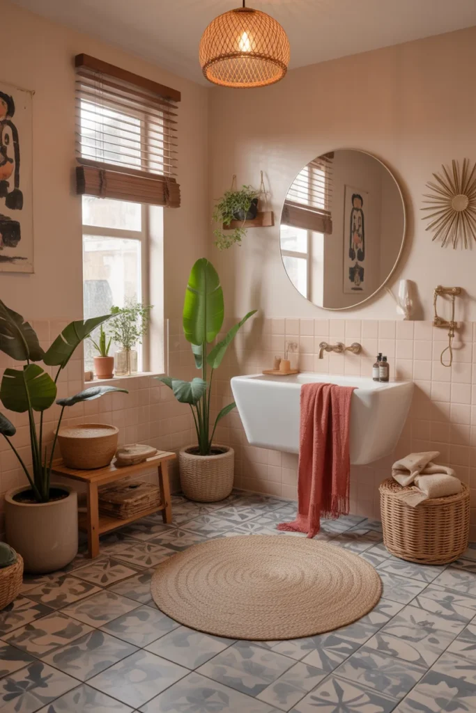 30 Modern & Classy Bathroom Decor Ideas for a Stylish Home 21 Bohemian bathroom with patterned floor tiles