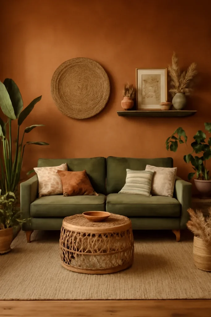 Bohemian rustic living room with terracotta wall
