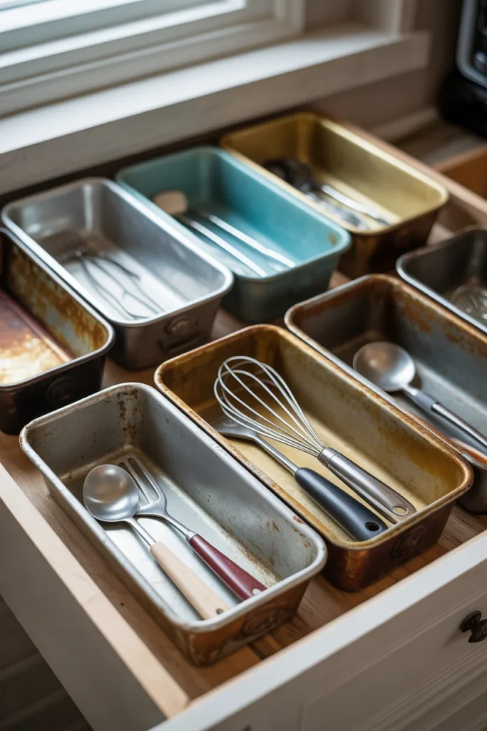 20+ Easy Kitchen Organization Ideas for Limited Space 12 Bread Loaf Pans as Drawer Organizers