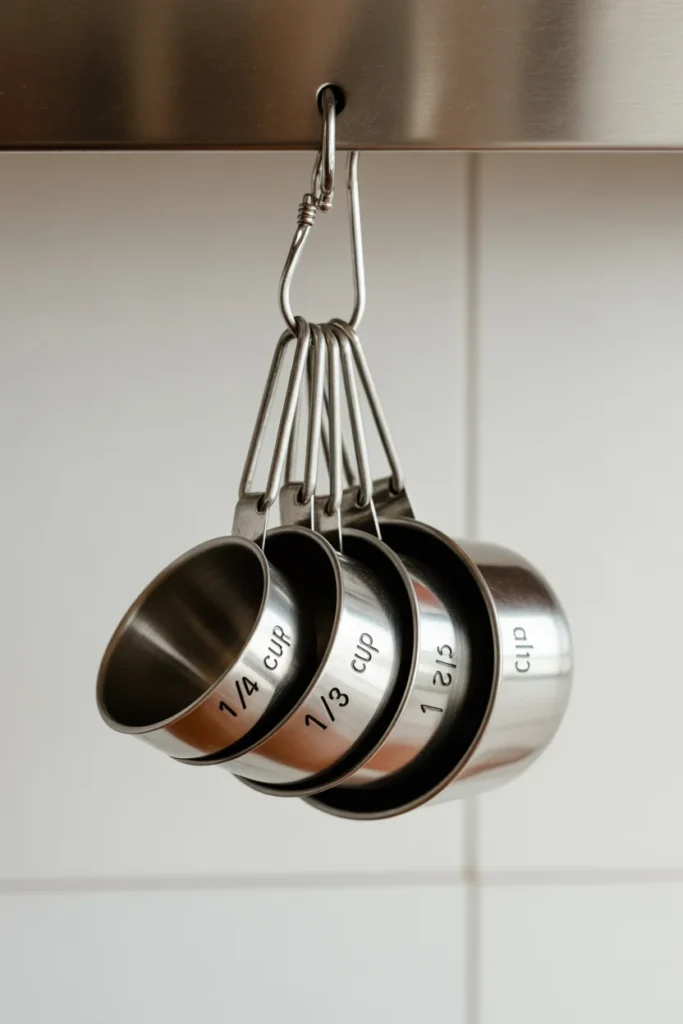 20+ Easy Kitchen Organization Ideas for Limited Space 14 Carabiner Measuring Cup Chain