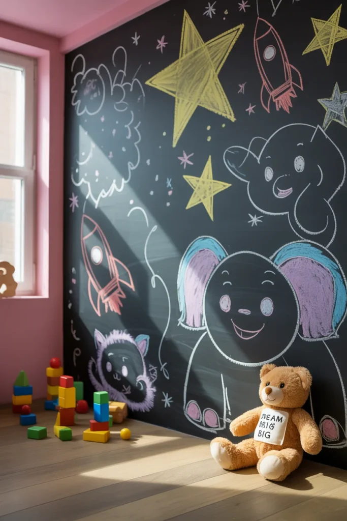 Chalkboard wall in a childrens bedroom