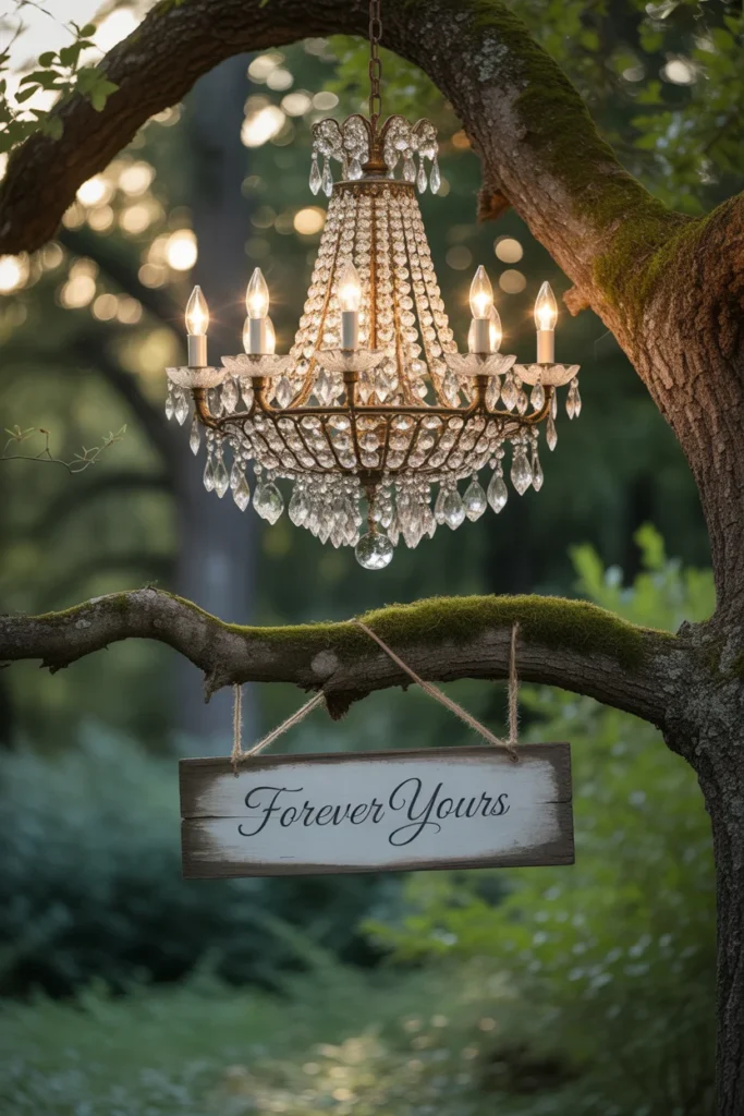 30 Simple Outdoor Wedding Decor Ideas for 2025 14 Chandelier Hanging from Trees
