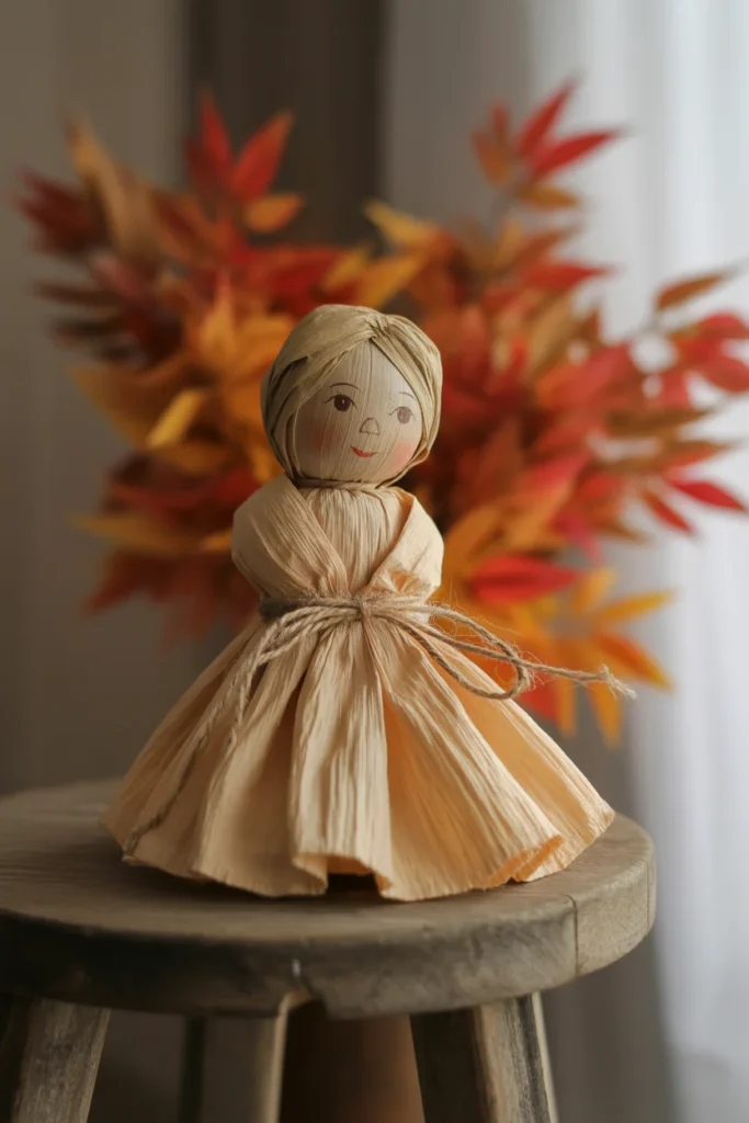 30 Fun and Creative Thanksgiving Crafts for Kids 6 Close up of corn husk doll with string tied dress