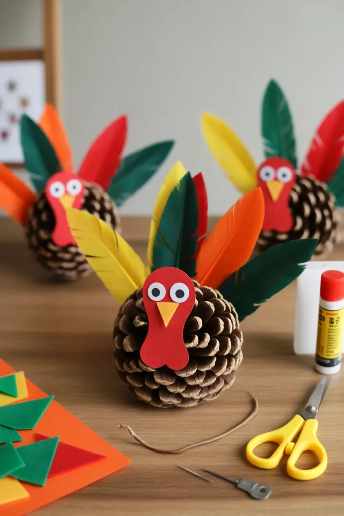 30 Fun and Creative Thanksgiving Crafts for Kids 3 Close up of handmade pinecone turkeys