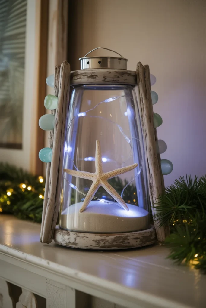 18+ Charming DIY Christmas Lanterns Ideas to Light Up Your Holiday Season 19 Coastal Christmas lantern made from weathered driftwood base