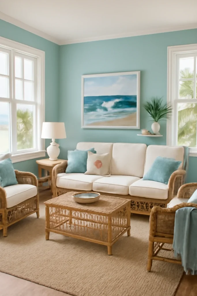 Coastal living room with aqua walls