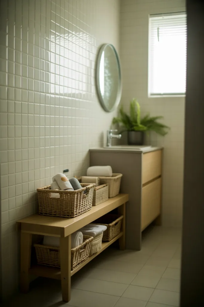 Tiny Bathroom Storage: Smart Solutions for Small Spaces 7 Compact bathroom with storage bench