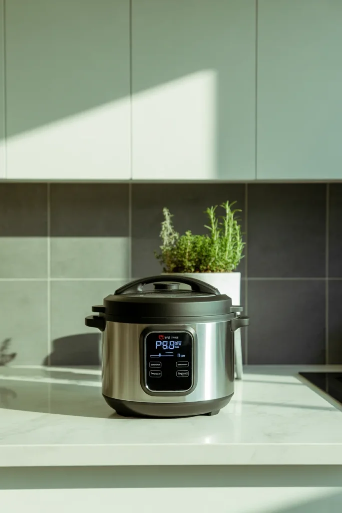 15 Must-Have Kitchen Gadgets 2025 to Transform Your Cooking Space 3 Compact electric pressure cooker on a marble kitchen island sleek and futuristic