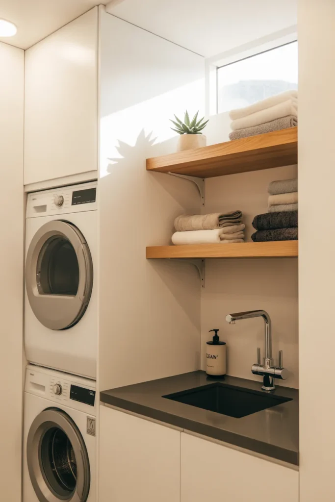 27 Laundry Room Design Ideas for a Stylish & Functional Home 6 Compact laundry nook with stacked washer