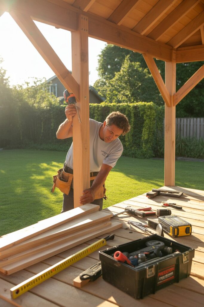 Step-by-Step Gazebo Garden Guide: Transform Your Backyard Space 4 Construction scene of a wooden gazebo