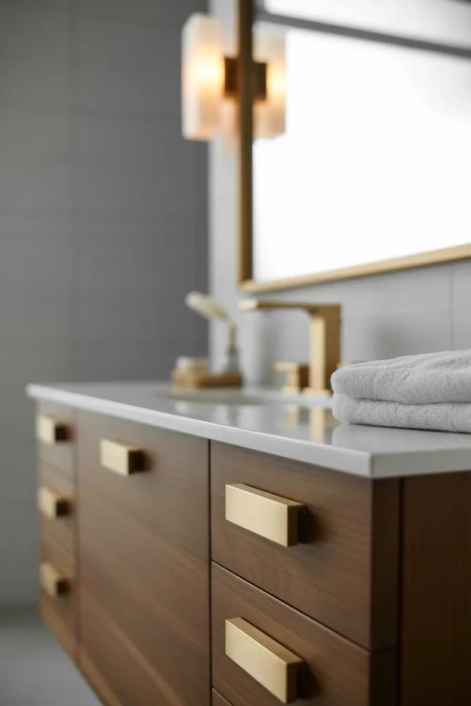 Contemporary bathroom featuring soft gold drawer pulls