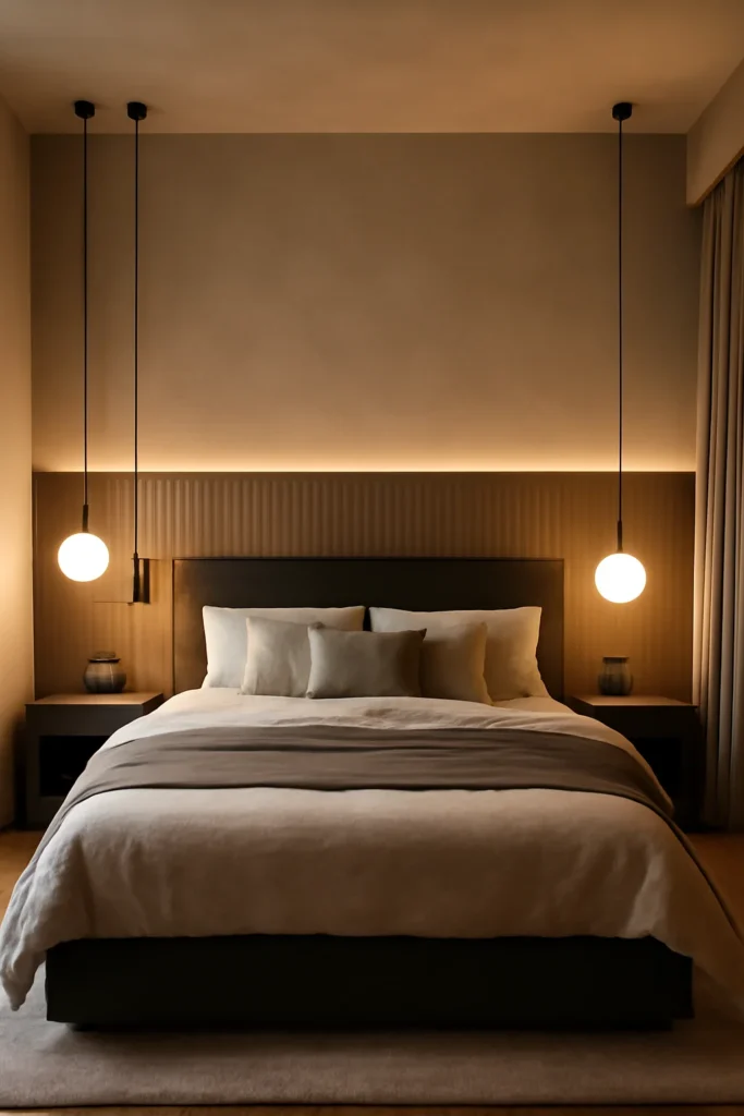 Contemporary bedroom with pendant lights