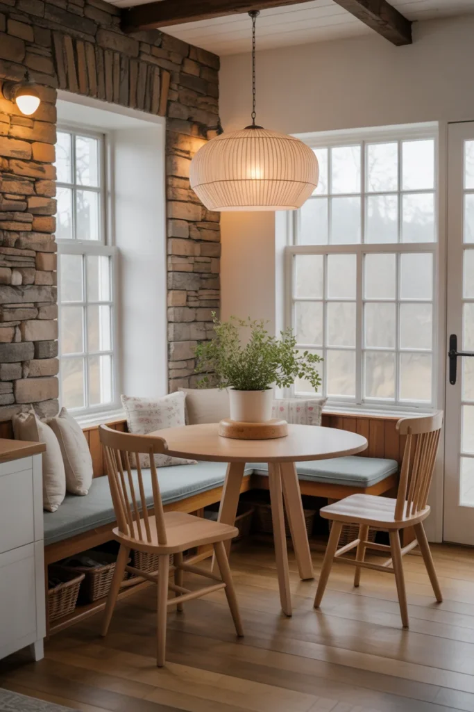 20 Rustic Farmhouse Kitchen with Natural Stone and Wooden Accents 15 Cozy Farmhouse Nook with Stone Wall
