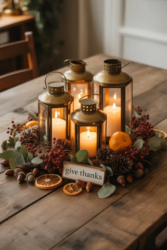 23 Stunning Thanksgiving Centerpieces to Try This Year 7 Cozy candlelit Thanksgiving centerpiece with lanterns