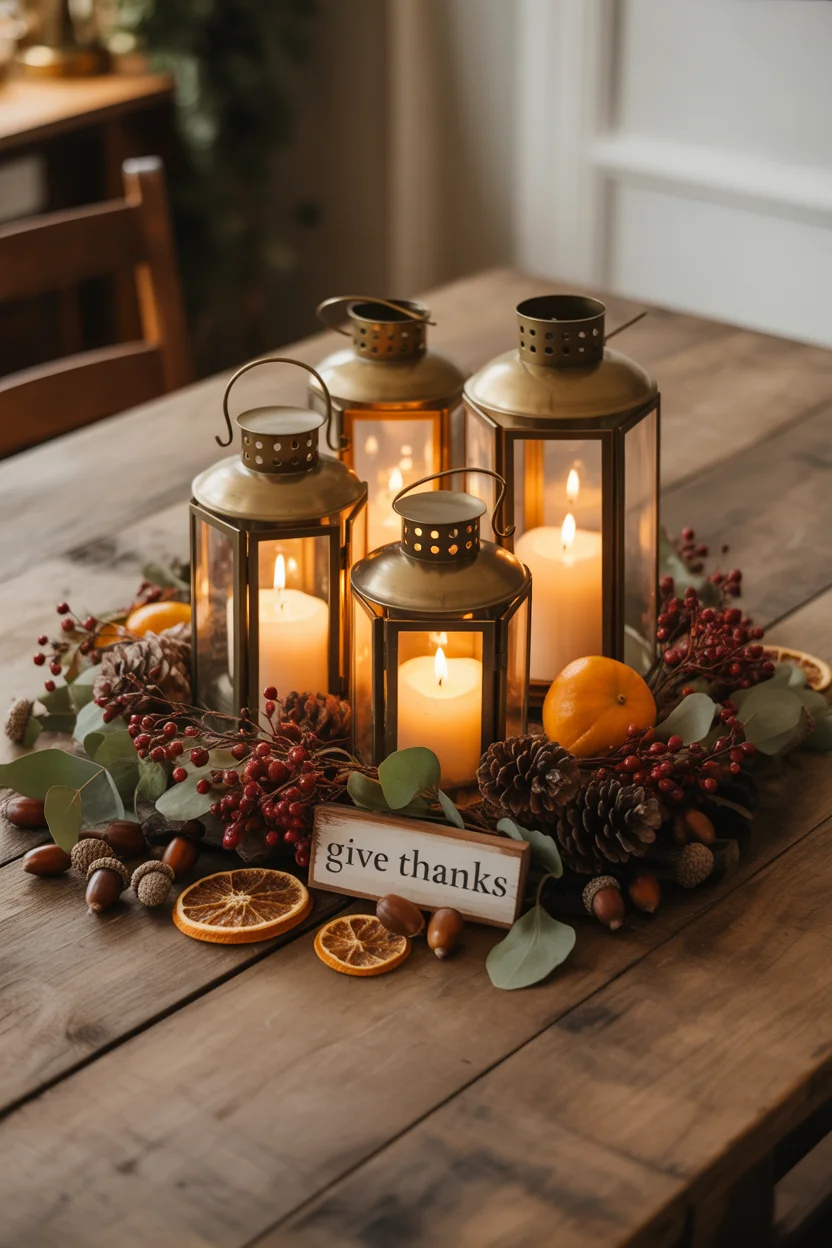 Cozy candlelit Thanksgiving centerpiece with lanterns