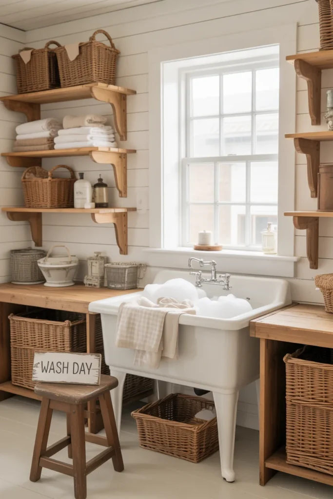 27 Laundry Room Design Ideas for a Stylish & Functional Home 3 Cozy farmhouse laundry room with rustic wood shelves