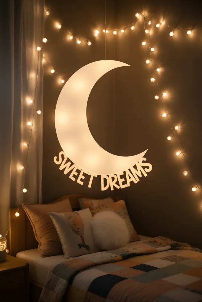 DIY fairy lights and moon cutout wall decor