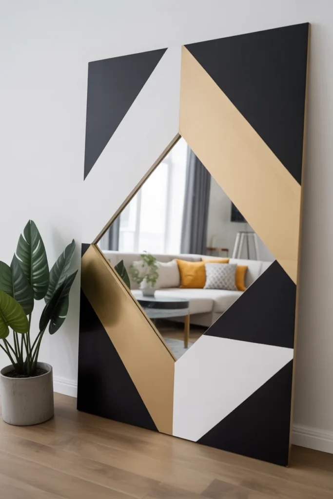 11 Stylish DIY Mirror Decor Ideas to Transform Any Room 8 DIY mirror with geometric painted patterns in black 1