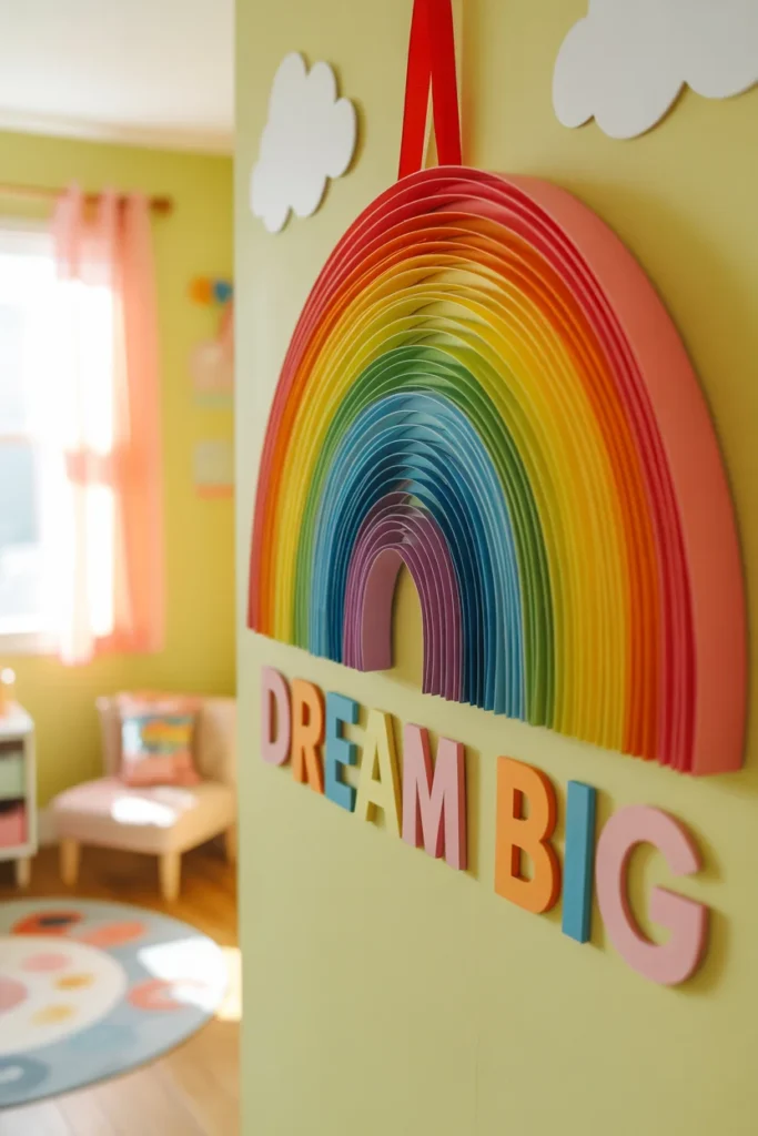 DIY rainbow paper craft wall hanging in kids bedroom