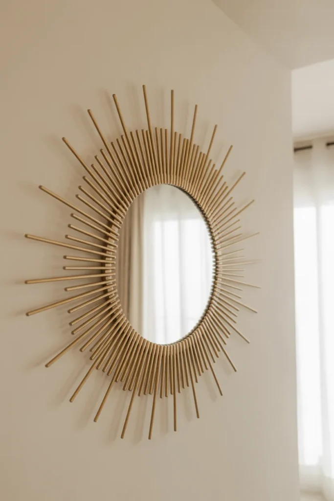 11 Stylish DIY Mirror Decor Ideas to Transform Any Room 5 DIY sunburst wall mirror with golden painted wooden sticks