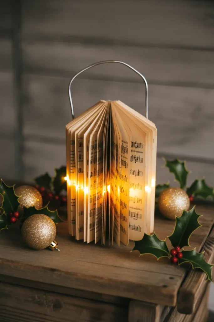 18+ Charming DIY Christmas Lanterns Ideas to Light Up Your Holiday Season 6 Delicate lantern made from rolled vintage book pages