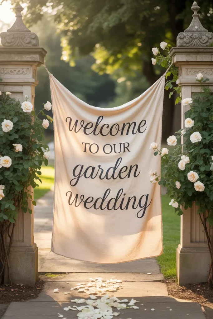 20 Stunning Wedding Welcome Sign Ideas You’ll Love 17 Fabric Banner Welcome Sign