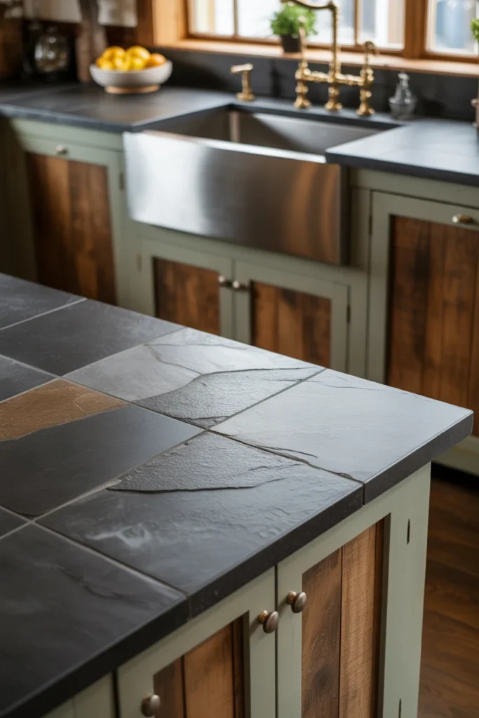 20 Rustic Farmhouse Kitchen with Natural Stone and Wooden Accents 17 Farmhouse Inspired Cabinets with Stone Inserts