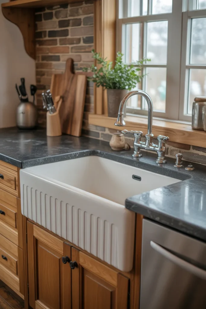 20 Rustic Farmhouse Kitchen with Natural Stone and Wooden Accents 5 Farmhouse Sink with Natural Stone Countertops
