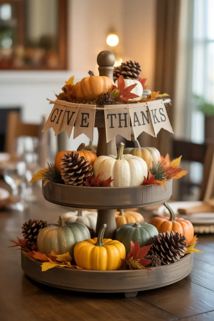 23 Stunning Thanksgiving Centerpieces to Try This Year 14 Festive Thanksgiving tiered tray centerpiece