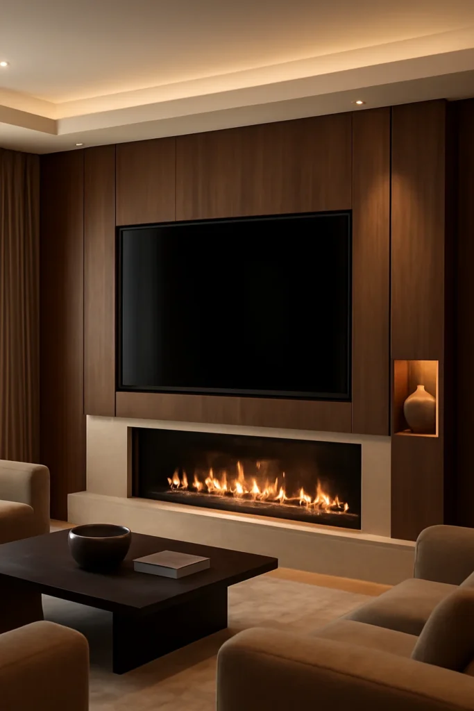 Fireplace and TV wall combination with wood accents