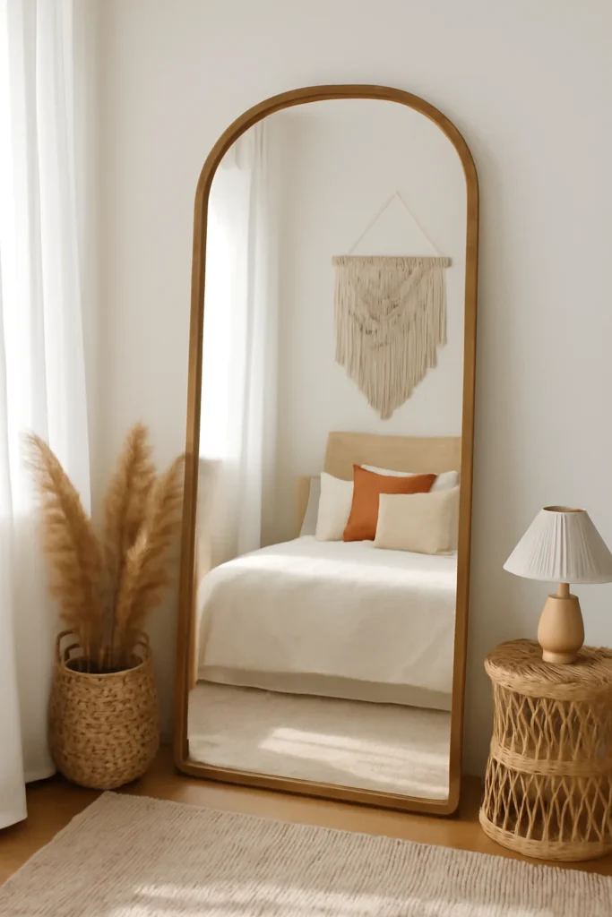 Full length mirror in a bright bedroom